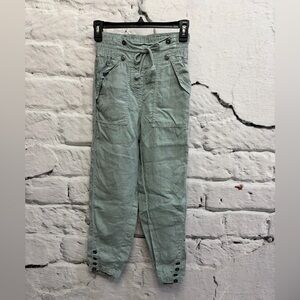 WRAP London 100% Linen‎ Seagram Green Button-Detail Pants Nautical Drawstring